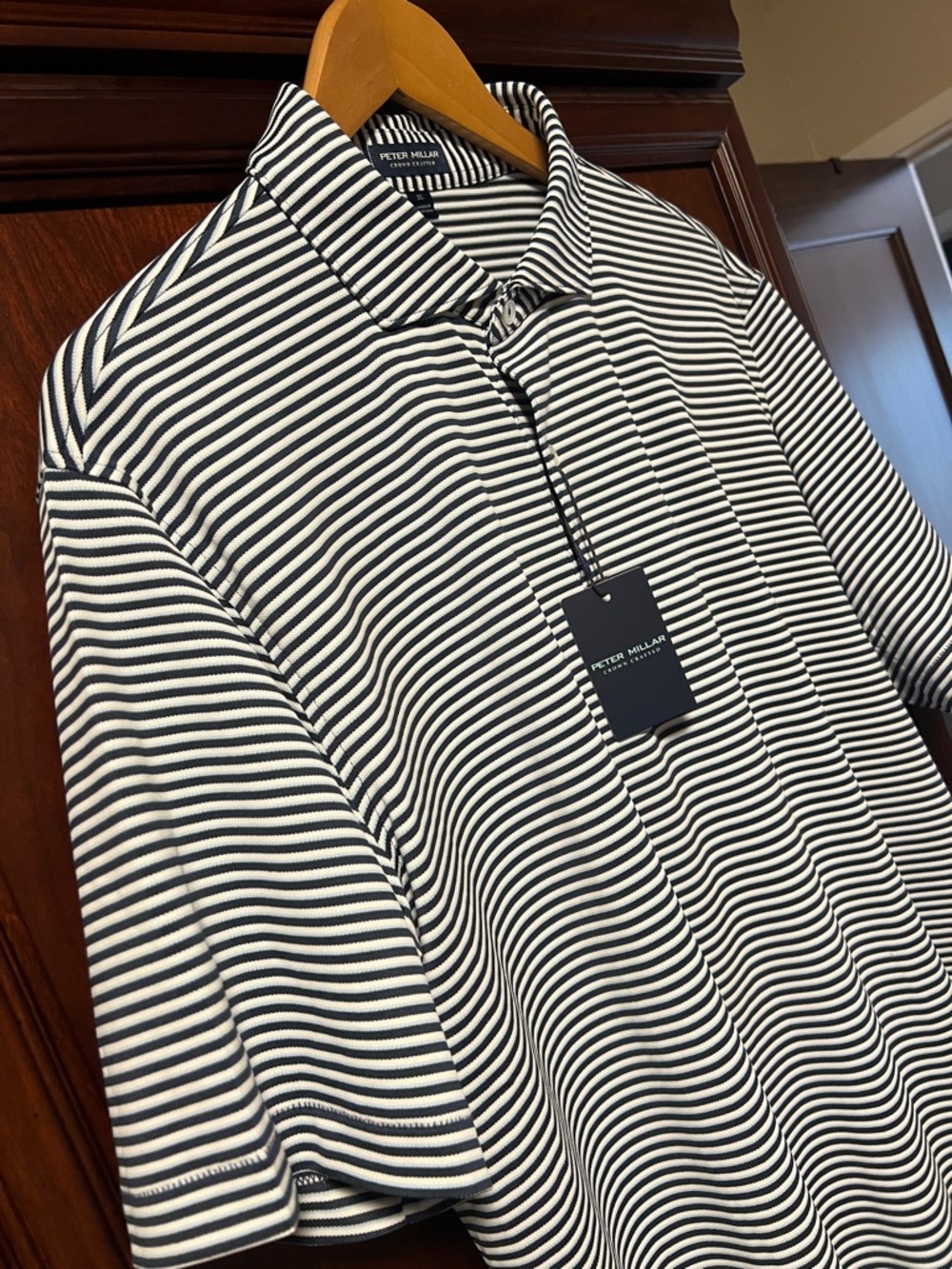 Brand New Peter Millar Crown Crafted Stretch Classic Navy & White Striped Polo! - Picture 2 of 12